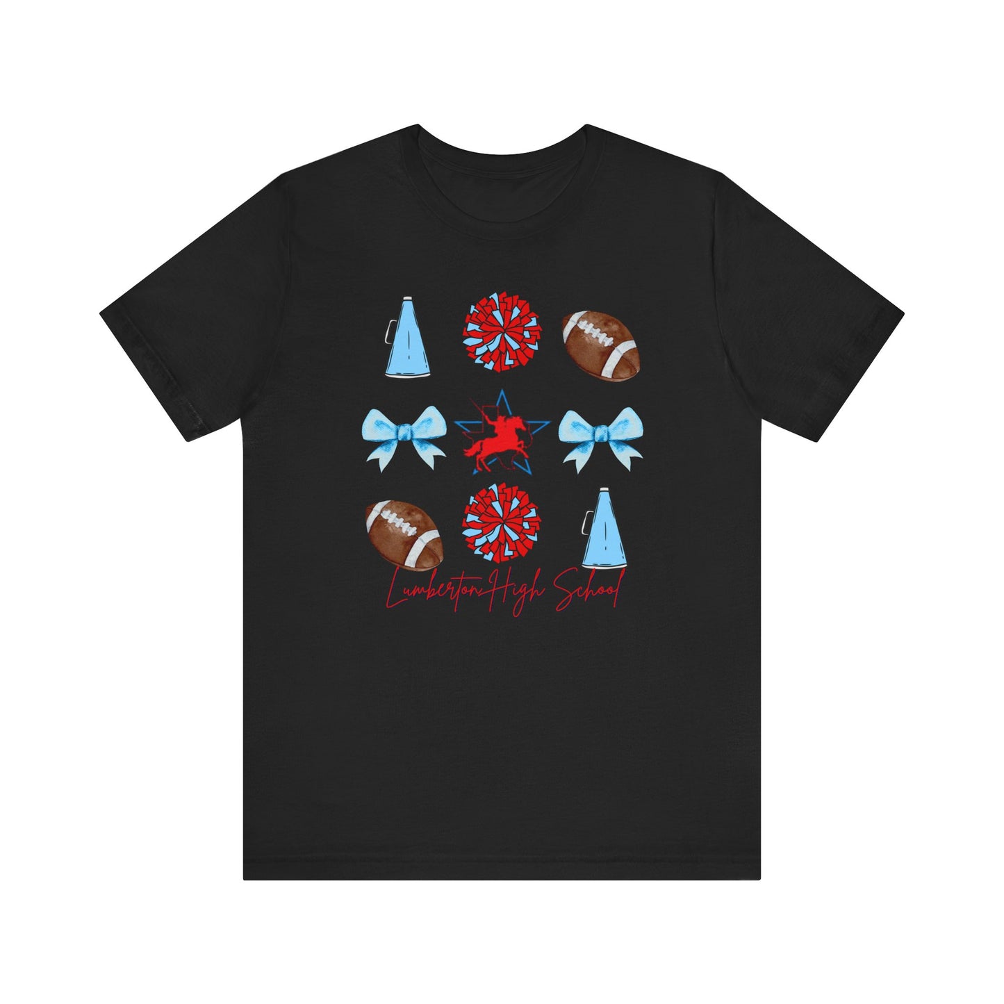 Lumberton High School Spirit T-Shirt | Cheer, Football, Pep Rally Shirt | School Spirit Tee with Megaphone, Pom Poms, Football & Bows