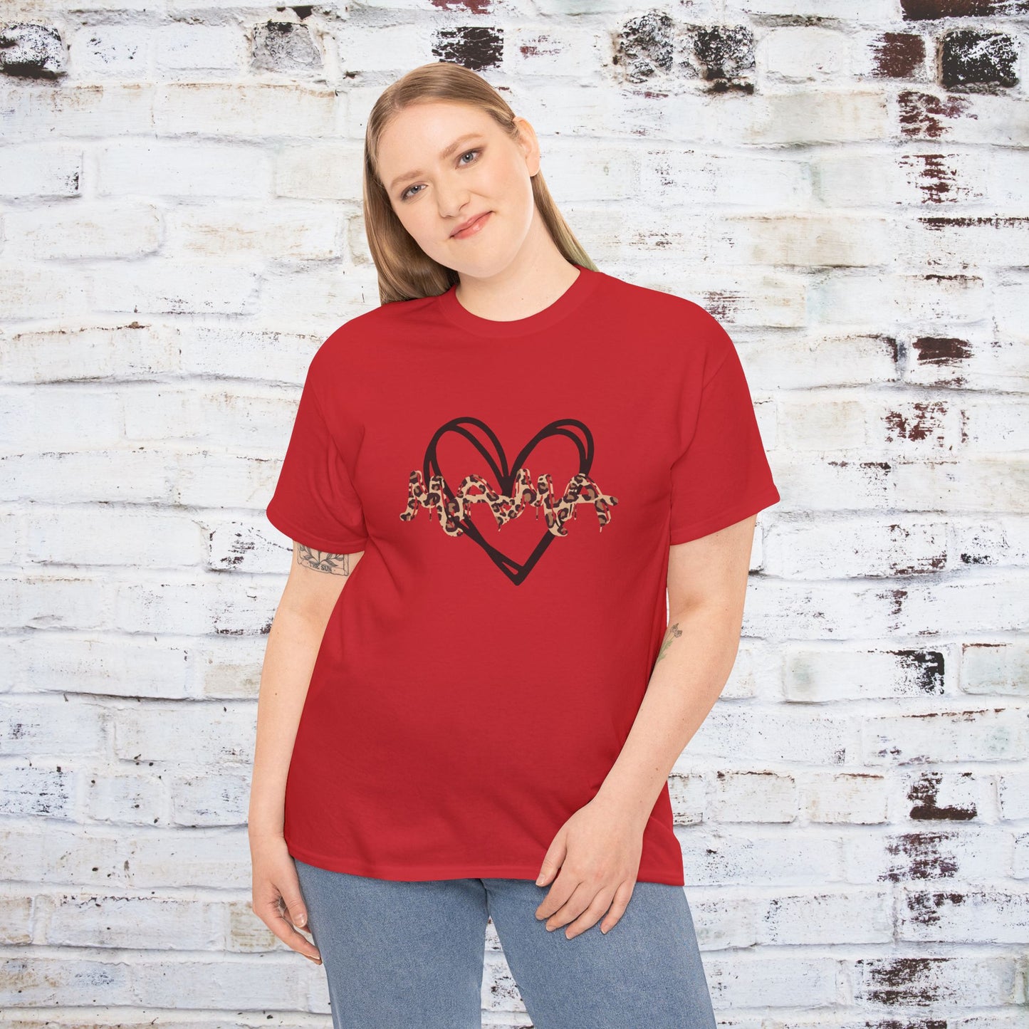 Mama Leopard Print T-shirt- Red Graphic Tee with Heart Design, Cute Mother's Day Shirt, Trendy Mom Shirt, Gift for Her, Animal Print Tee