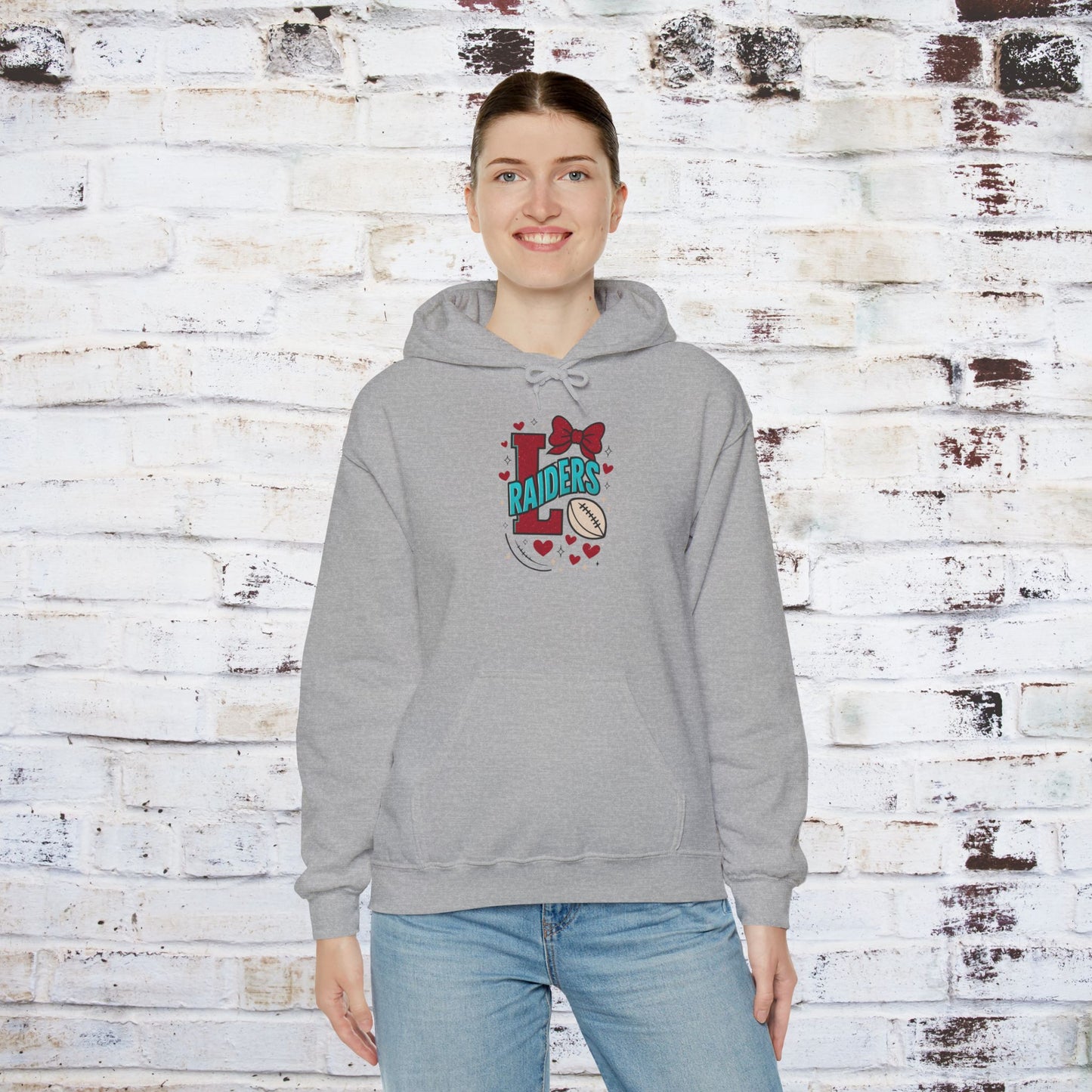 Cute Lumberton Raiders-themed Unisex Hoodie with Hearts and Bow