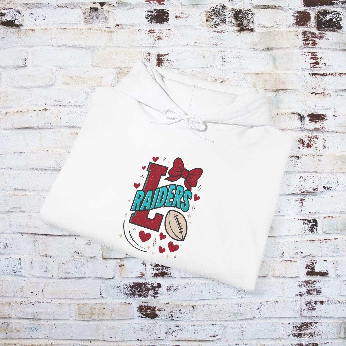 Cute Lumberton Raiders-themed Unisex Hoodie with Hearts and Bow