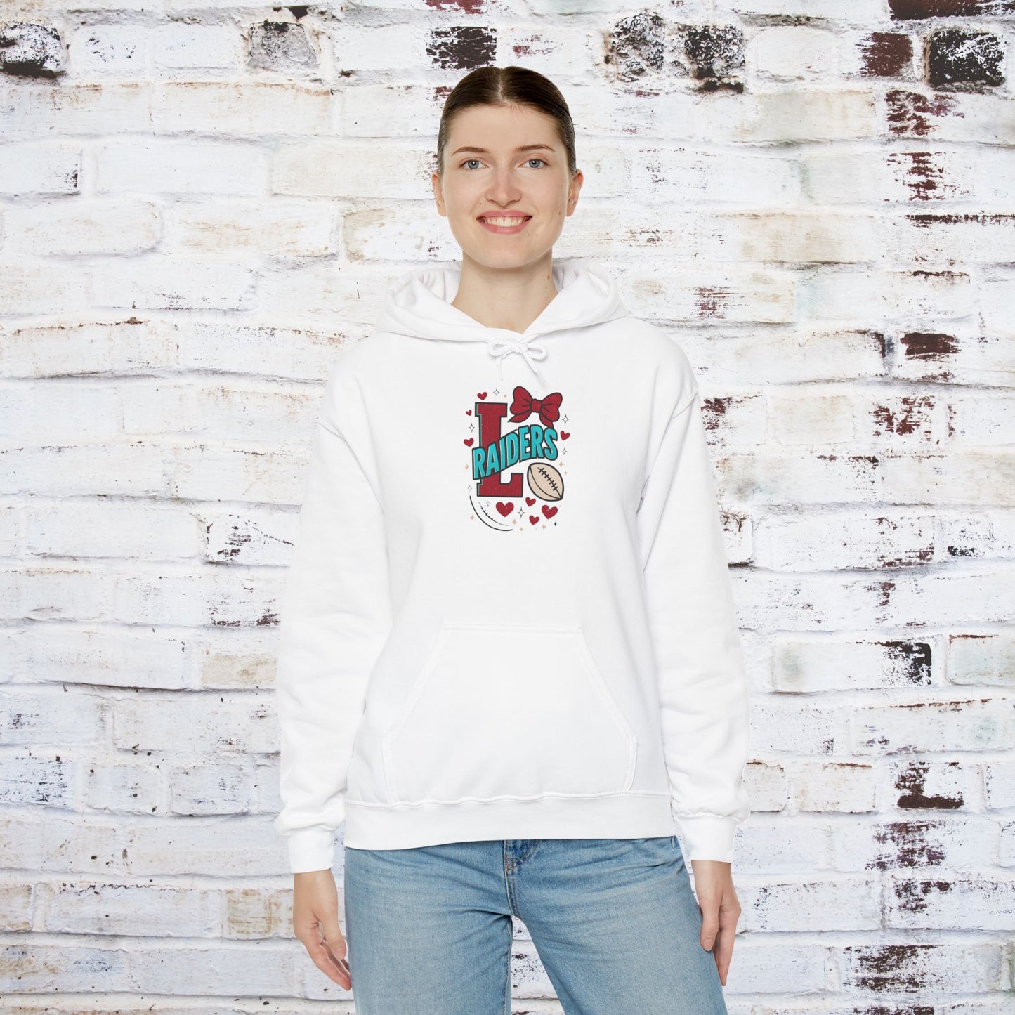 Cute Lumberton Raiders-themed Unisex Hoodie with Hearts and Bow