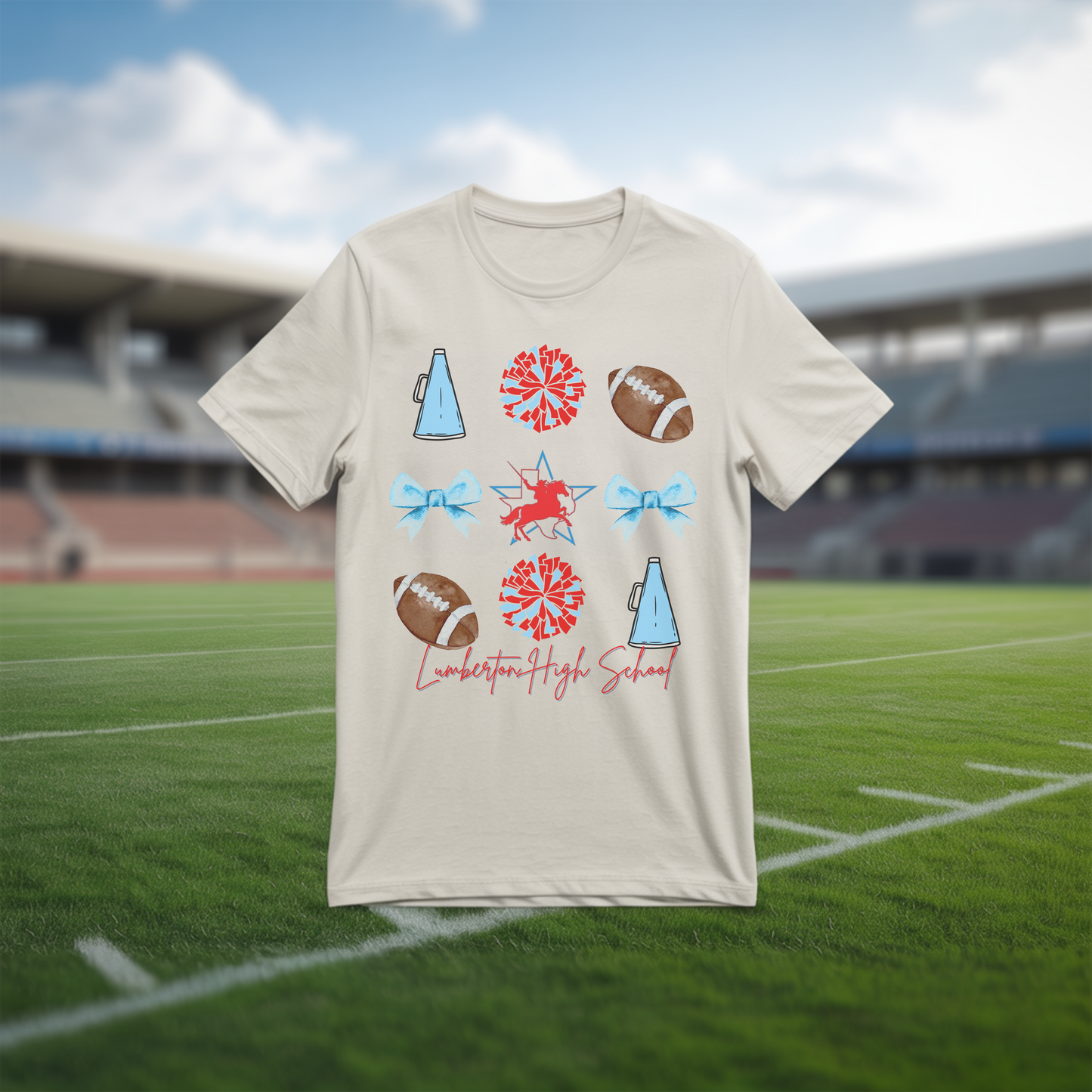 Lumberton High School Spirit T-Shirt | Cheer, Football, Pep Rally Shirt | School Spirit Tee with Megaphone, Pom Poms, Football & Bows