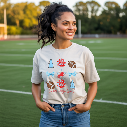 Lumberton High School Spirit T-Shirt | Cheer, Football, Pep Rally Shirt | School Spirit Tee with Megaphone, Pom Poms, Football & Bows