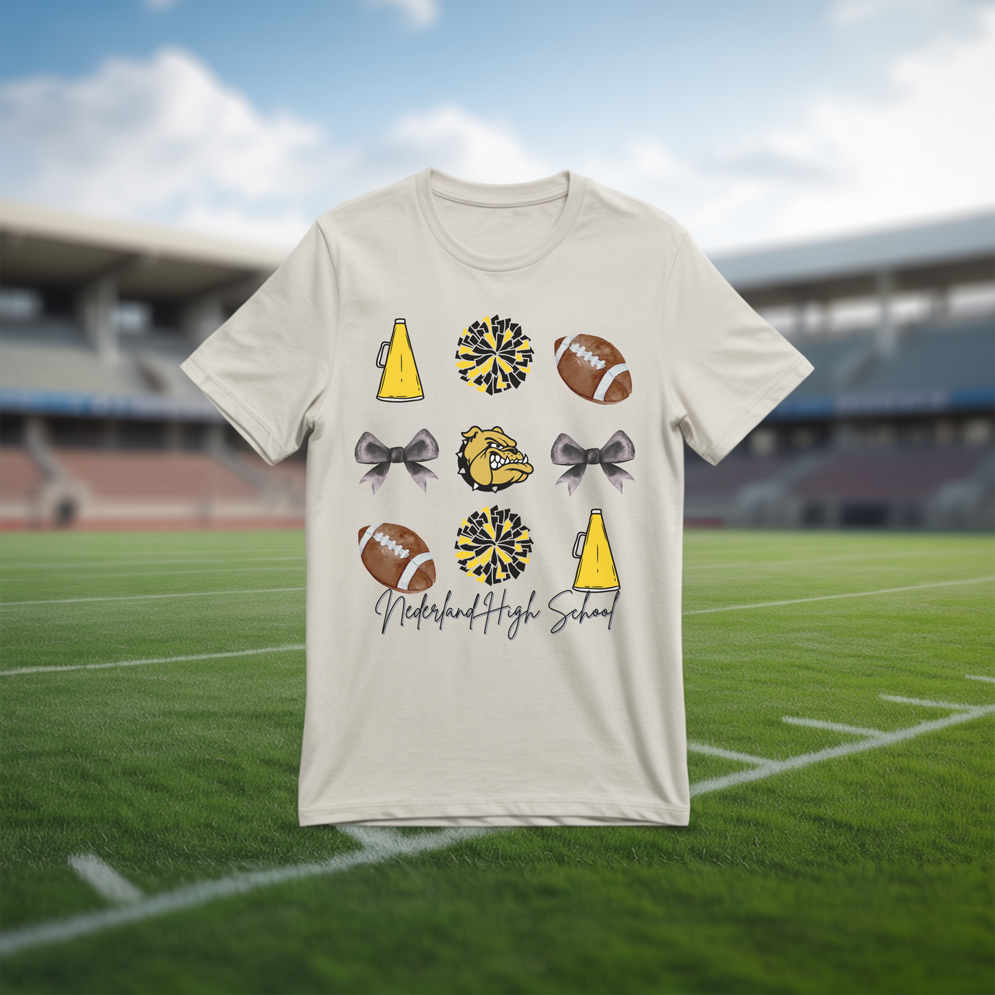 Nederland High School Spirit T-Shirt | Bulldogs Mascot Cheer Football Game Day Tee | Black & Gold School Pride Shirt