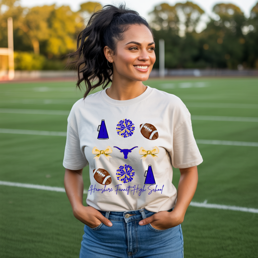 Hamshire-Fannett High School Spirit T-Shirt | Longhorns Mascot Cheer Football Game Day Tee | Purple & Gold School Pride Shirt