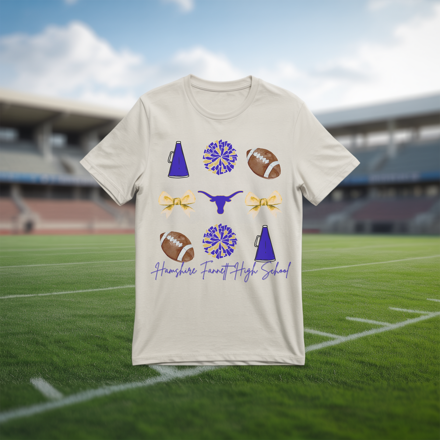 Hamshire-Fannett High School Spirit T-Shirt | Longhorns Mascot Cheer Football Game Day Tee | Purple & Gold School Pride Shirt