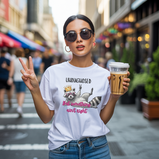 Funny Raccoon Graphic Tee – “Undiagnosed But Something Ain’t Right” T-Shirt, Quirky Meme Shirt, Casual Humor Tee, Trendy Streetwear Top