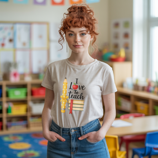 Teacher Graphic Tee – “I Love to Teach” Shirt with Pencil & Books Design, Cute Teacher Appreciation Gift, Back to School Teacher T-Shirt