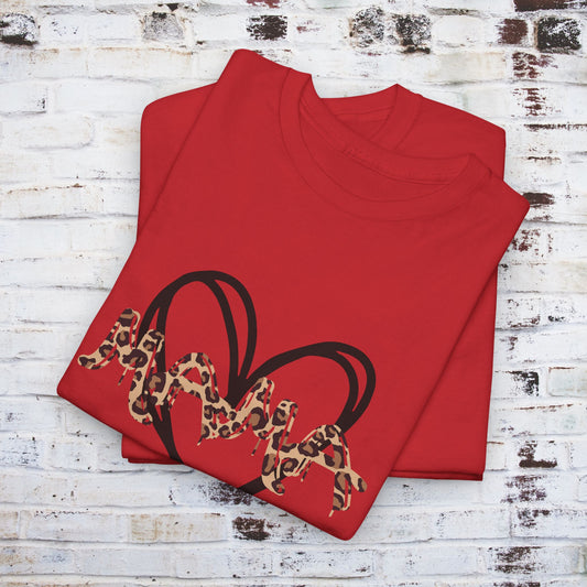 Mama Leopard Print T-shirt- Red Graphic Tee with Heart Design, Cute Mother's Day Shirt, Trendy Mom Shirt, Gift for Her, Animal Print Tee