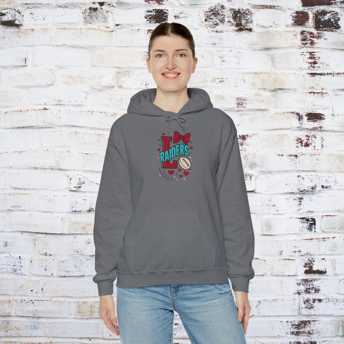 Cute Lumberton Raiders-themed Unisex Hoodie with Hearts and Bow