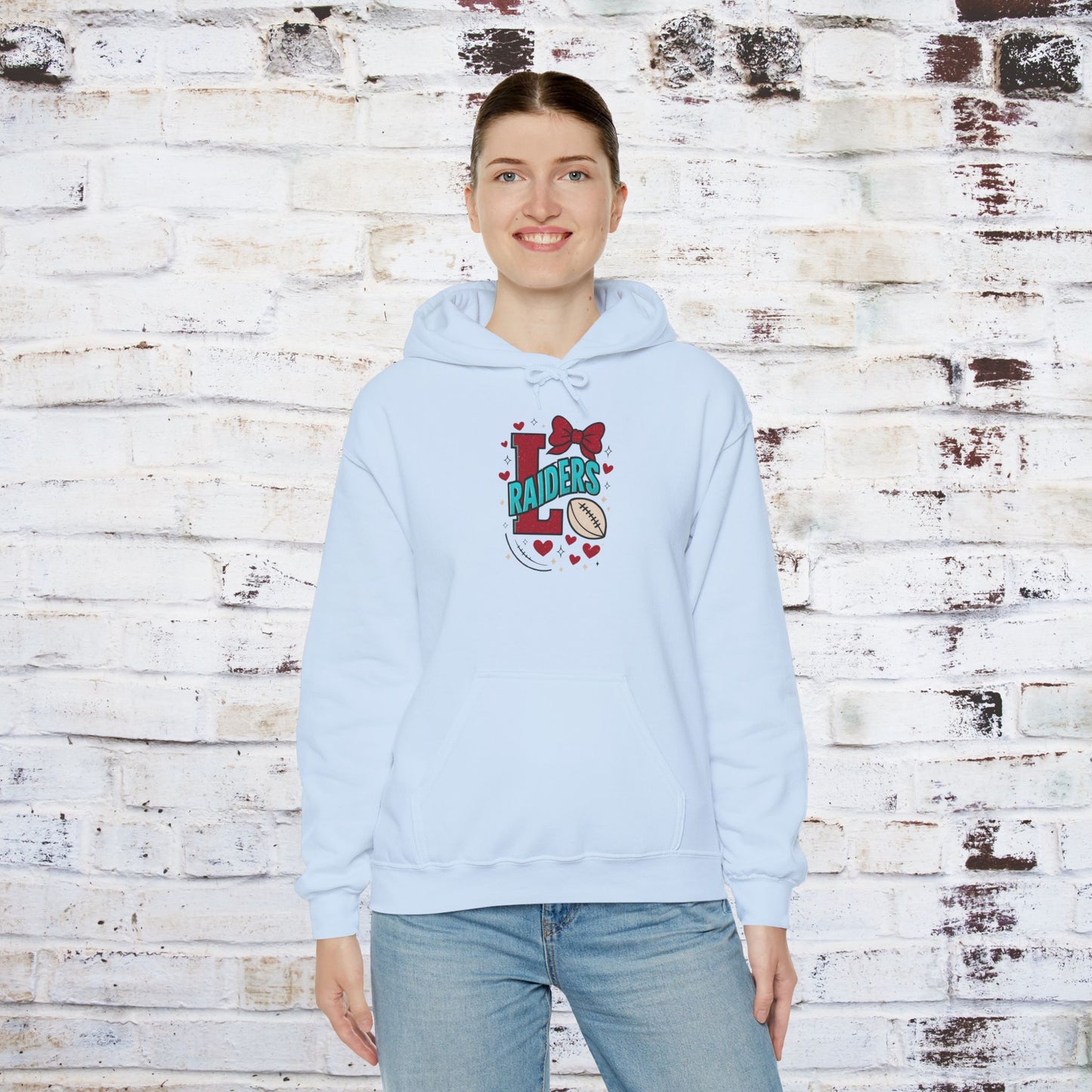 Cute Lumberton Raiders-themed Unisex Hoodie with Hearts and Bow