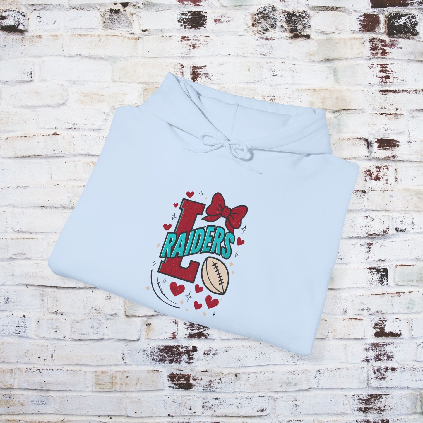 Cute Lumberton Raiders-themed Unisex Hoodie with Hearts and Bow