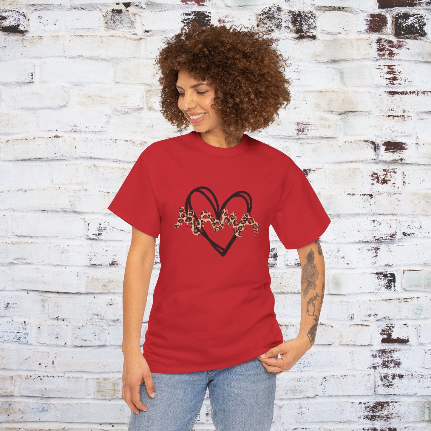 Mama Leopard Print T-shirt- Red Graphic Tee with Heart Design, Cute Mother's Day Shirt, Trendy Mom Shirt, Gift for Her, Animal Print Tee