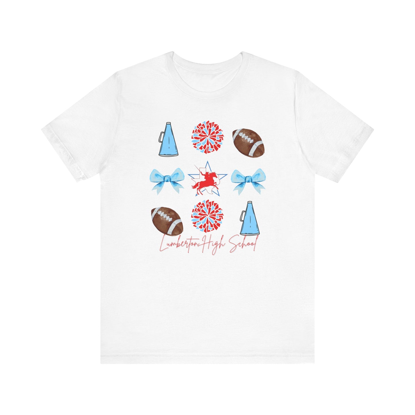 Lumberton High School Spirit T-Shirt | Cheer, Football, Pep Rally Shirt | School Spirit Tee with Megaphone, Pom Poms, Football & Bows