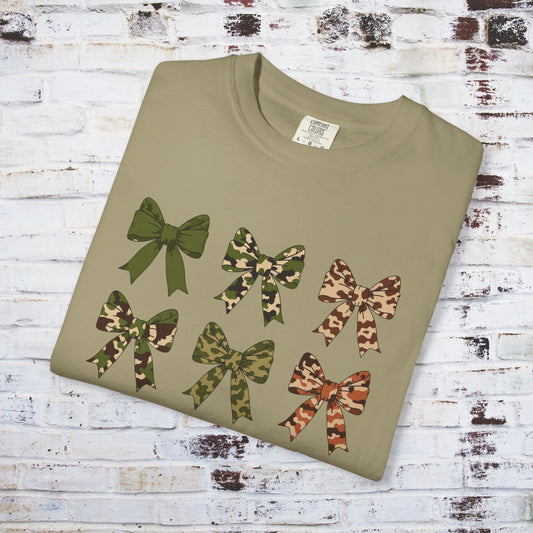 Forest Camouflage Bow T-Shirt | Unisex Garment-Dyed Tee for Outdoor Lovers