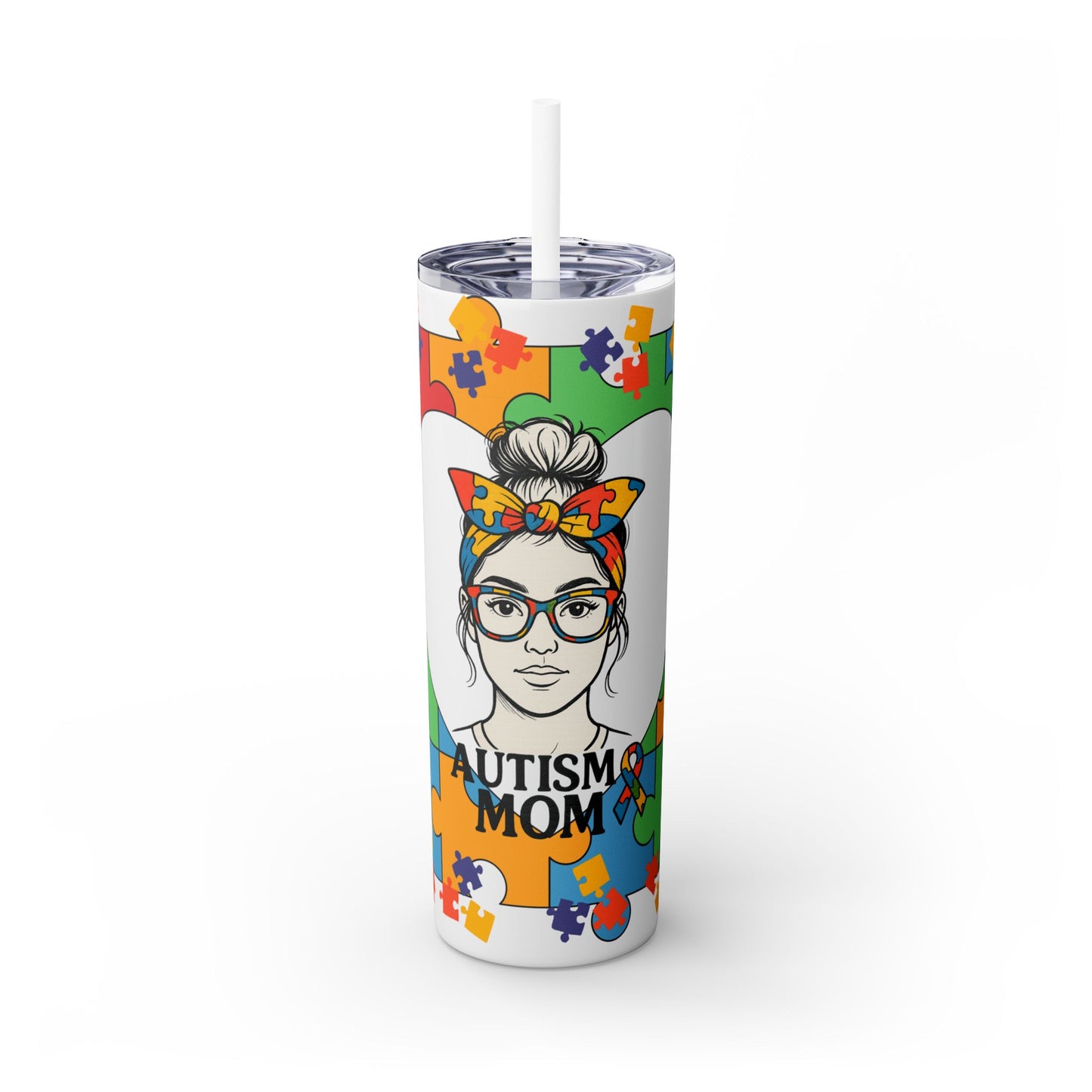 Autism Mom 20oz Skinny Tumbler with Straw - Colorful Puzzle Design