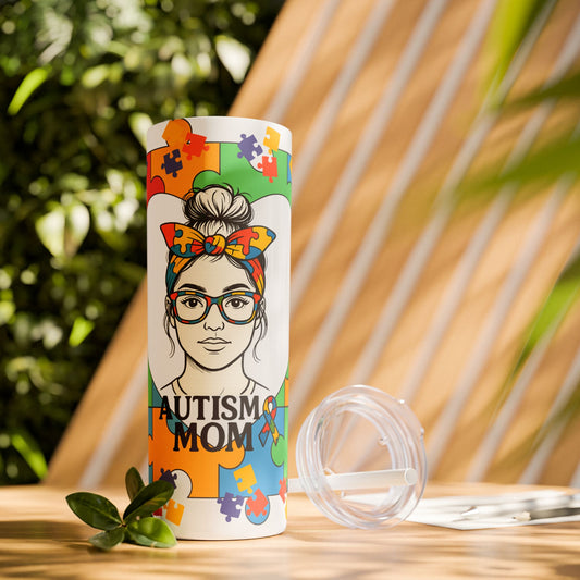 Autism Mom 20oz Skinny Tumbler with Straw - Colorful Puzzle Design
