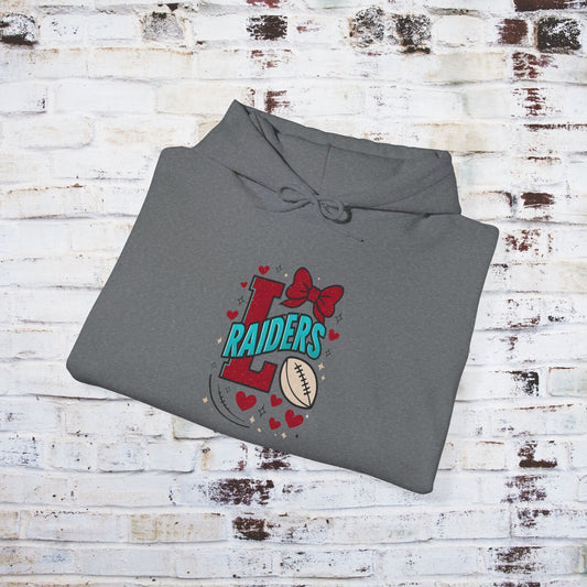 Cute Lumberton Raiders-themed Unisex Hoodie with Hearts and Bow