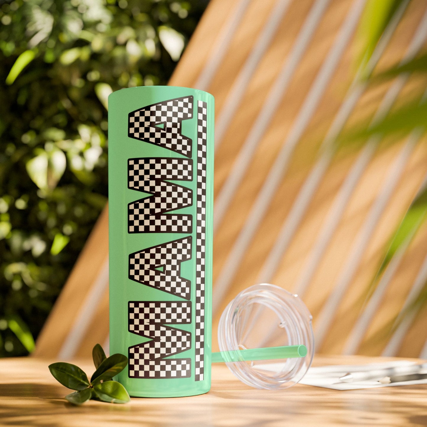 Checkerboard Mama Skinny Tumbler with Straw - 20oz Travel Mug for Moms