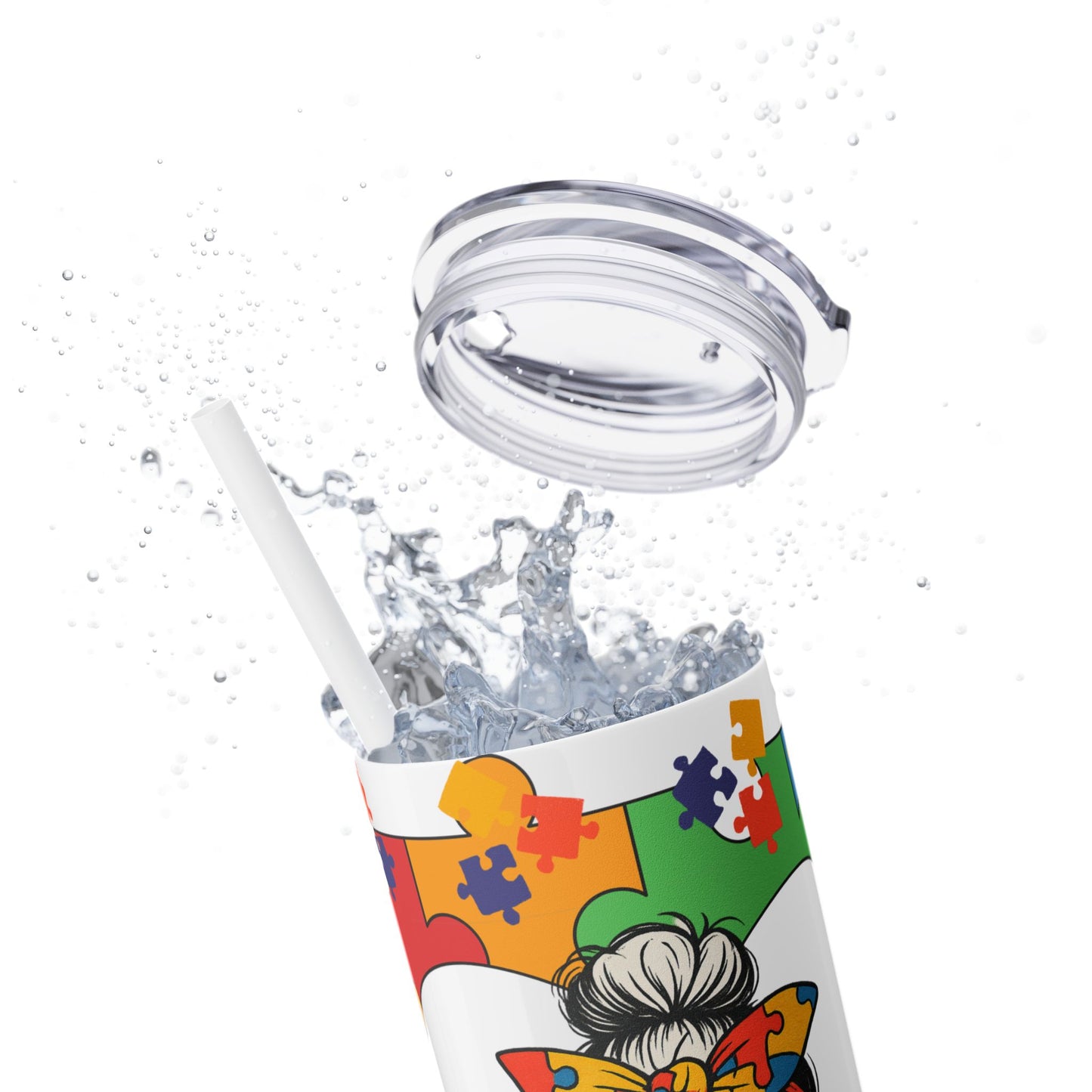 Autism Mom 20oz Skinny Tumbler with Straw - Colorful Puzzle Design