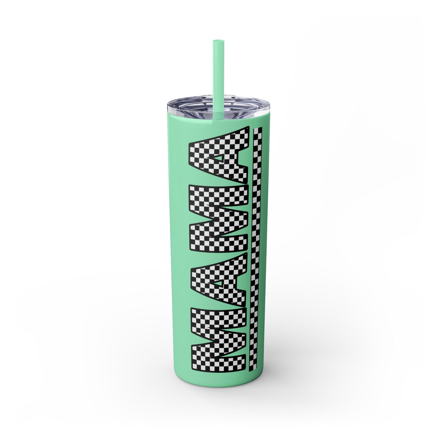 Checkerboard Mama Skinny Tumbler with Straw - 20oz Travel Mug for Moms