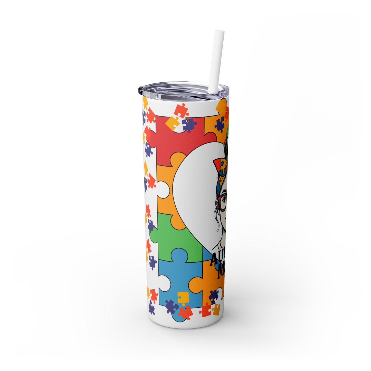 Autism Mom 20oz Skinny Tumbler with Straw - Colorful Puzzle Design