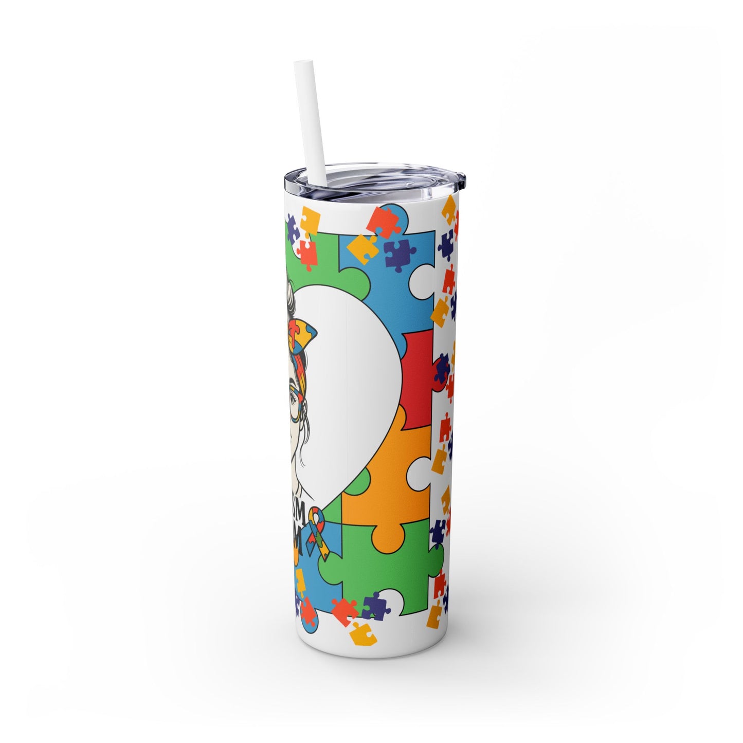 Autism Mom 20oz Skinny Tumbler with Straw - Colorful Puzzle Design