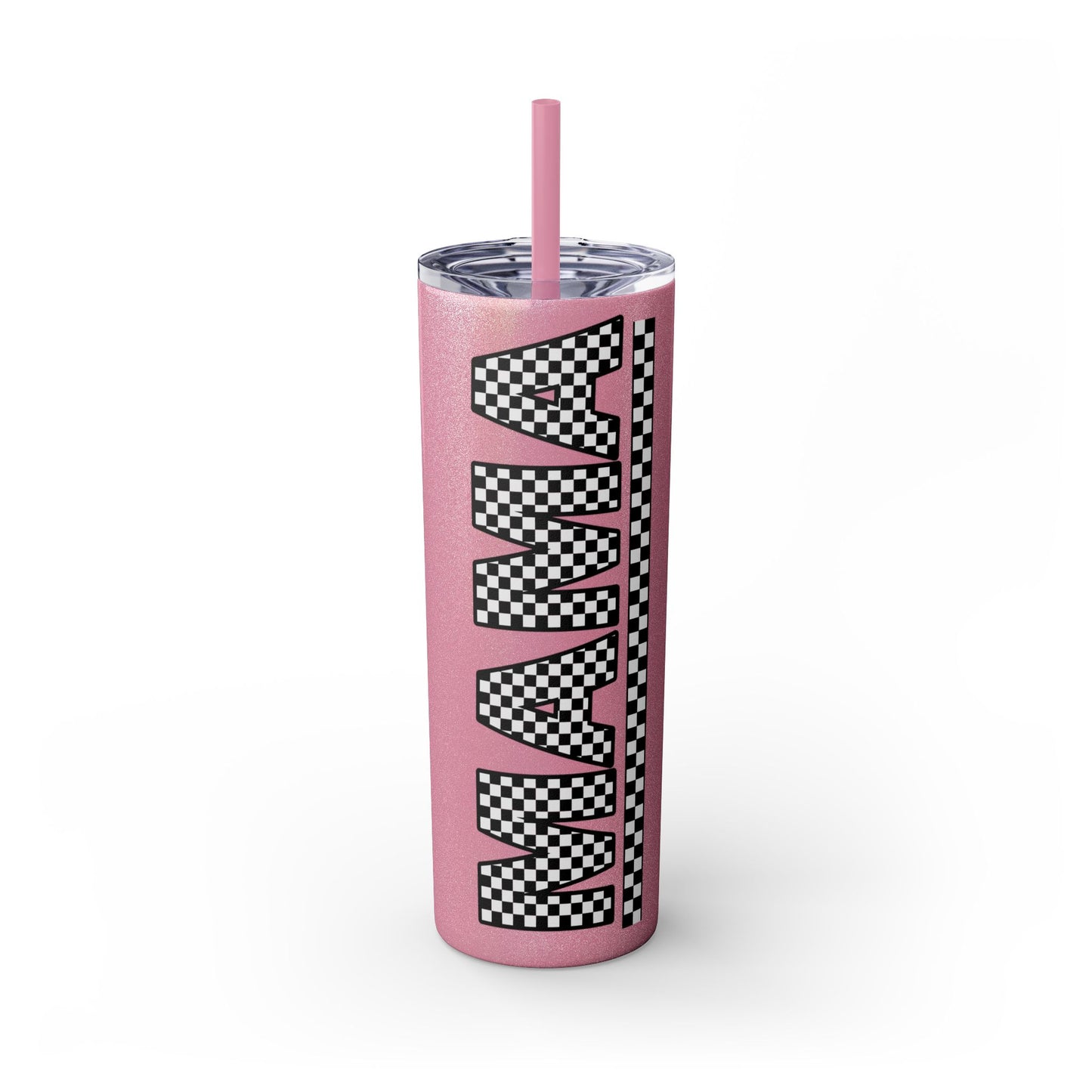 Checkerboard Mama Skinny Tumbler with Straw - 20oz Travel Mug for Moms