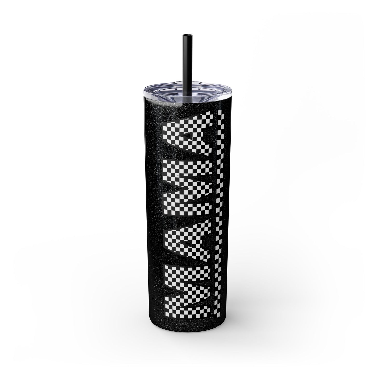 Checkerboard Mama Skinny Tumbler with Straw - 20oz Travel Mug for Moms