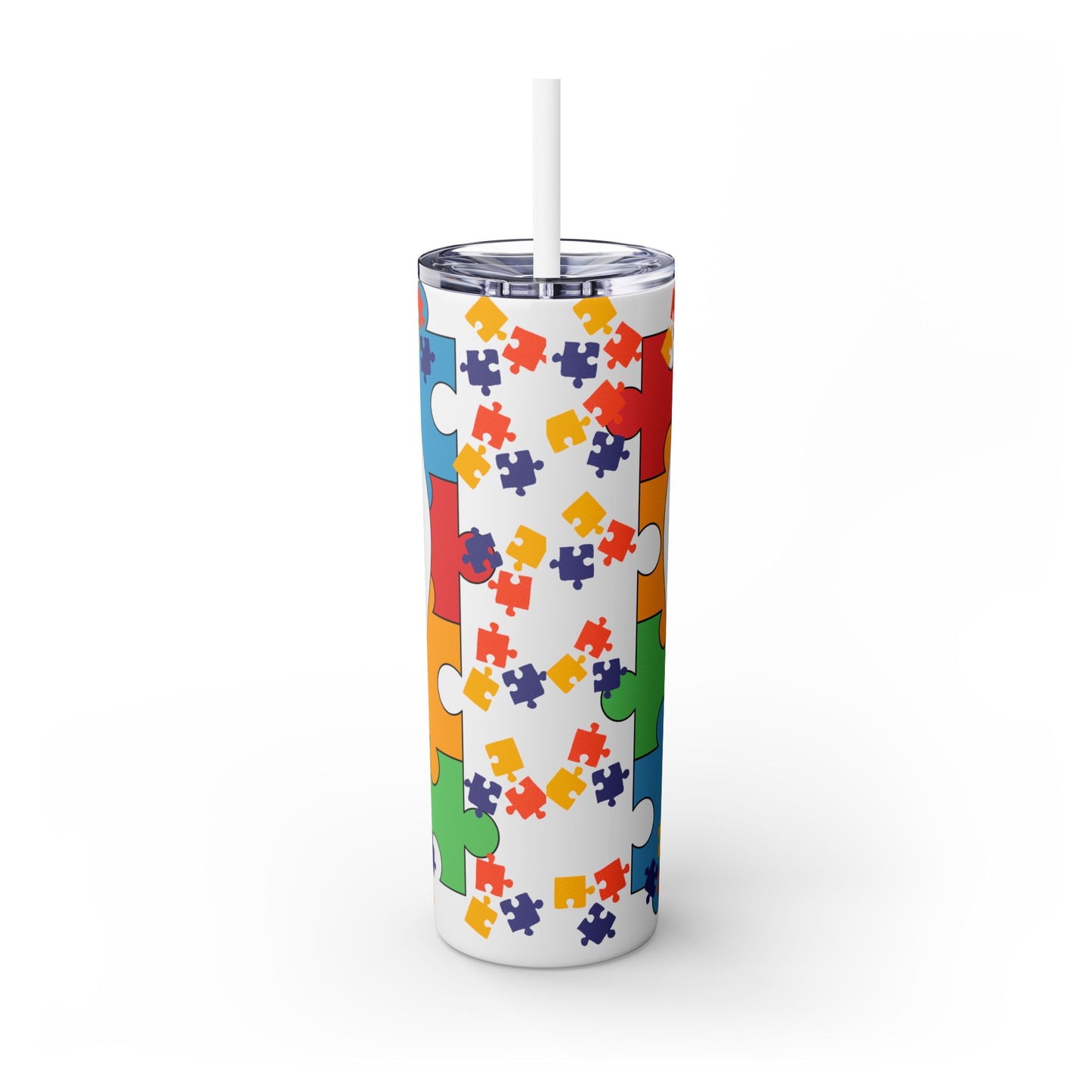 Autism Mom 20oz Skinny Tumbler with Straw - Colorful Puzzle Design