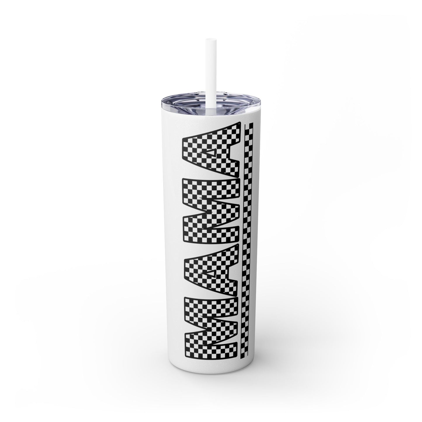 Checkerboard Mama Skinny Tumbler with Straw - 20oz Travel Mug for Moms
