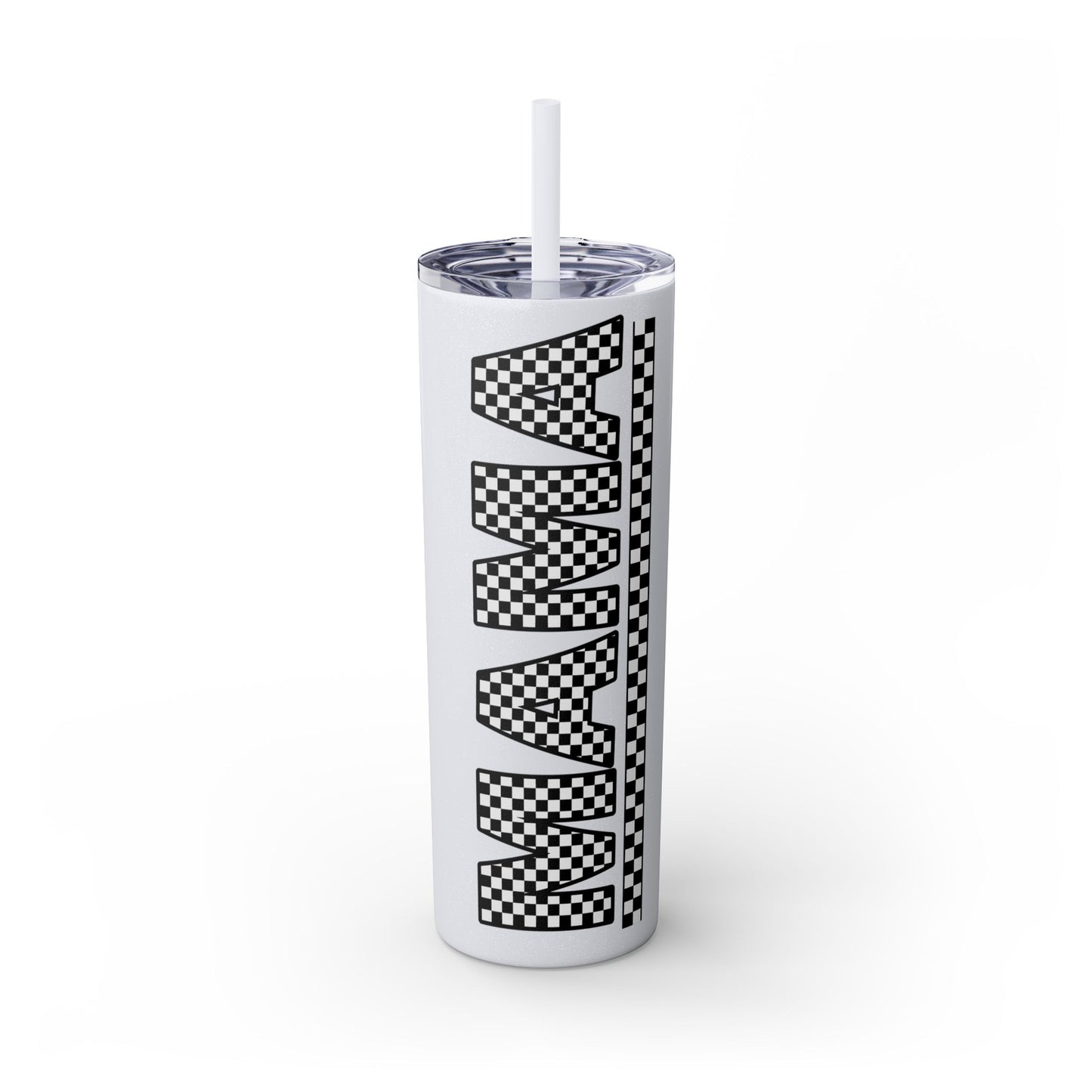 Checkerboard Mama Skinny Tumbler with Straw - 20oz Travel Mug for Moms