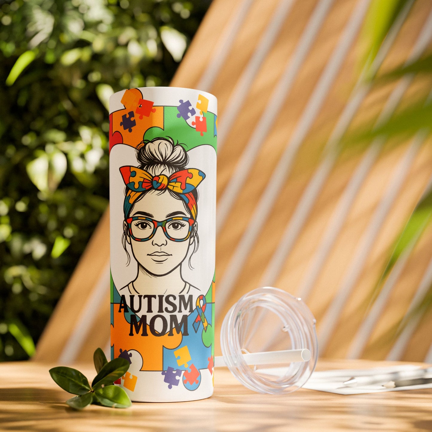 Autism Mom 20oz Skinny Tumbler with Straw - Colorful Puzzle Design